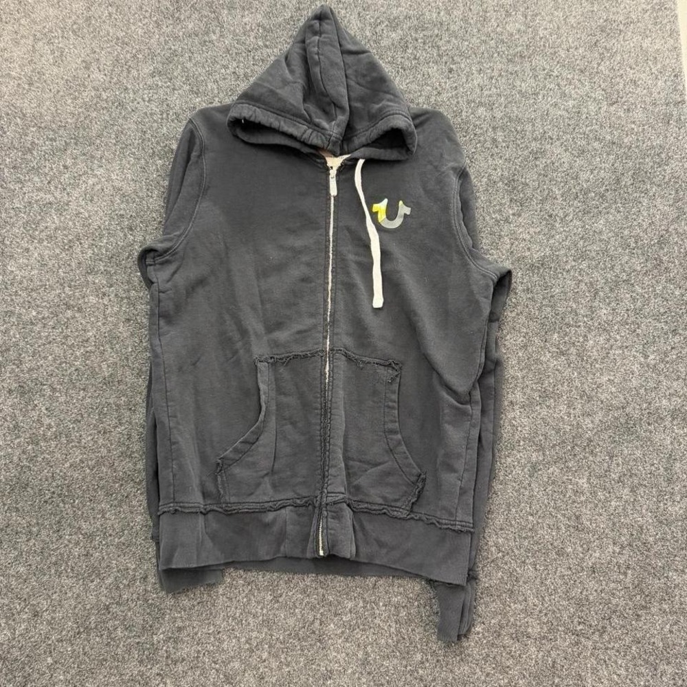 True Religion Zip Hoodie Mens Large Black Horseshoe Graphic Y2K Logo Streetwear